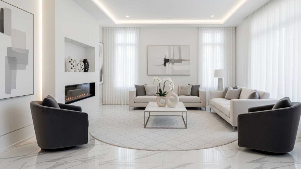 Suelo de mármol blanco veteado en un salón de diseño moderno y elegante.