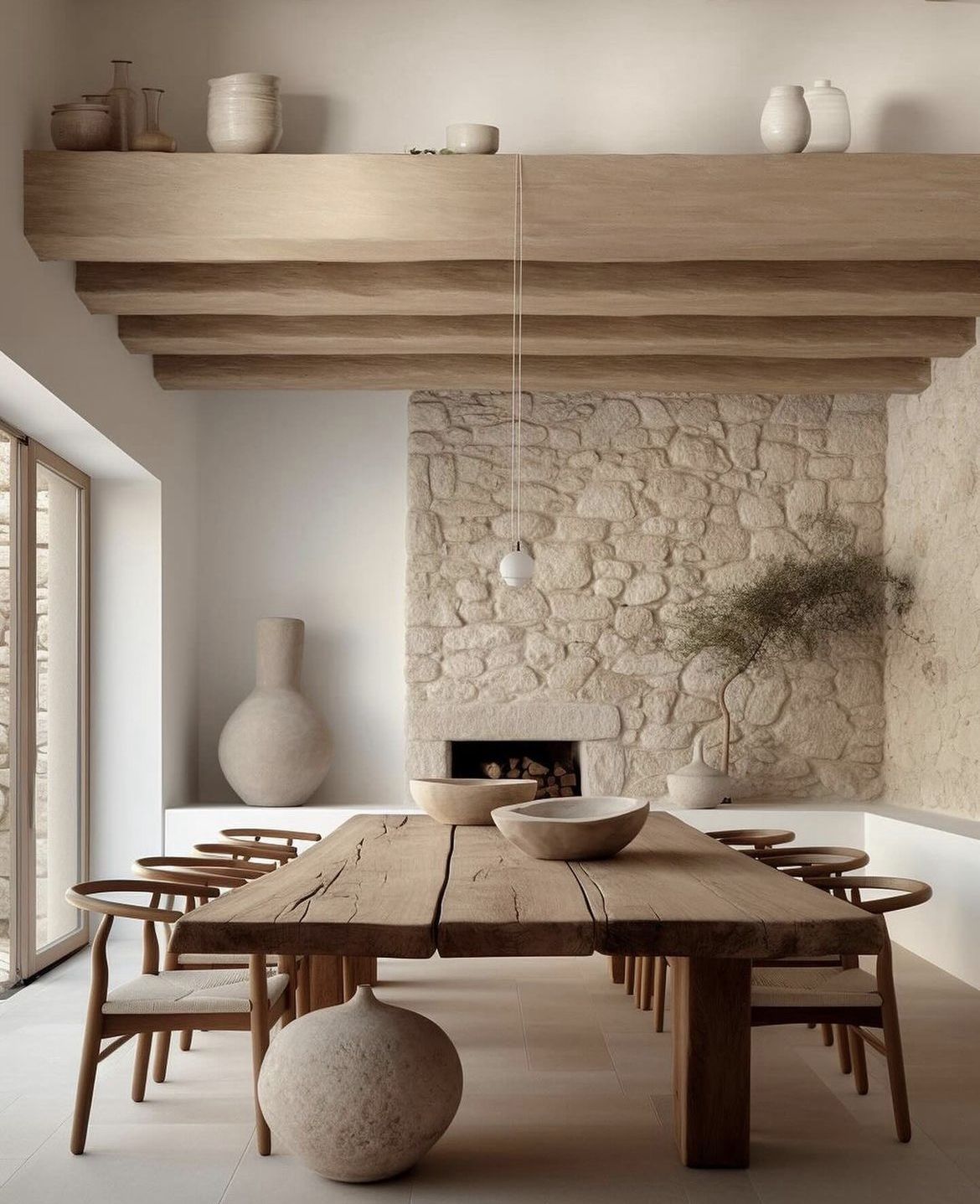 Comedor de estilo rústico mediterráneo con mesa de madera maciza, sillas de diseño y pared de piedra natural.